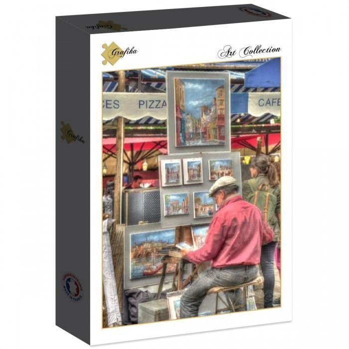 An artist in a red shirt painting on an easel at an outdoor street market.