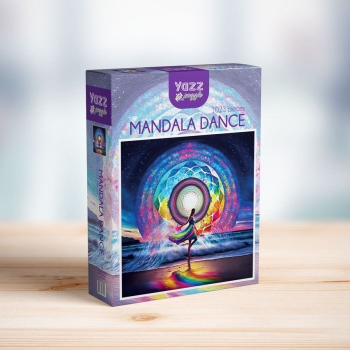 A silhouette of a woman dancing on a beach in front of a giant, glowing, multi-colored celestial mandala.