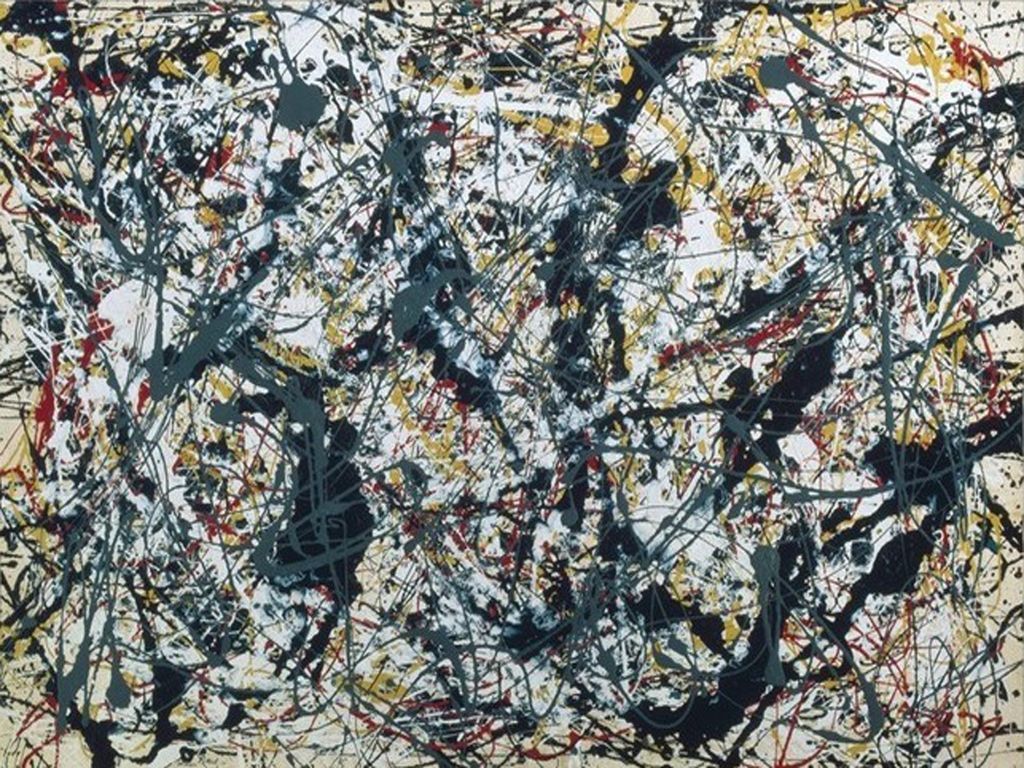 An abstract drip painting featuring a chaotic web of black, white, gray, red, and yellow paint splatters.