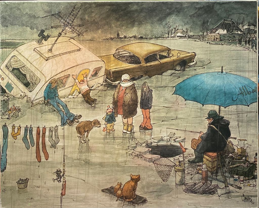 Cartoon illustration of people and a car stranded in a flooded, muddy landscape under a dark sky.