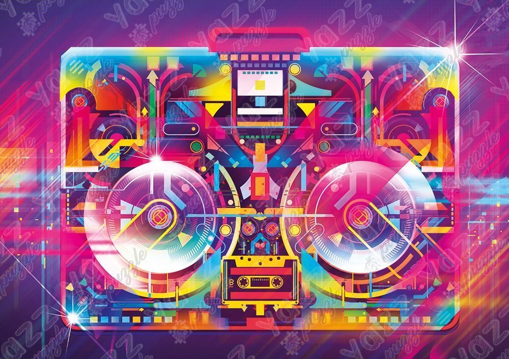 A vibrant, abstract illustration of a retro boombox with neon geometric shapes and bright, saturated colors.