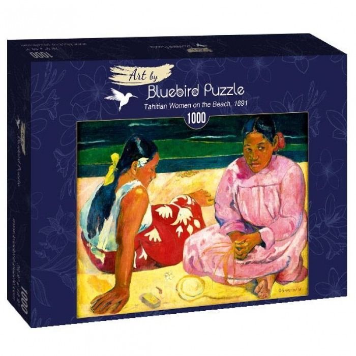 Oil painting of two Tahitian women sitting on a sandy beach, rendered in a post-impressionist style.