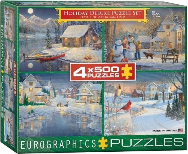 A collage of four idyllic winter holiday landscape paintings featuring cabins, snowmen, and birds.