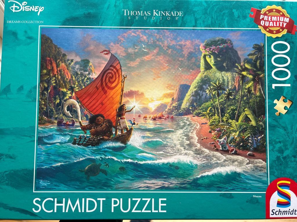A vibrant digital painting of Moana and Maui in a canoe at sunset near a lush island with the goddess Te Fiti in the back.