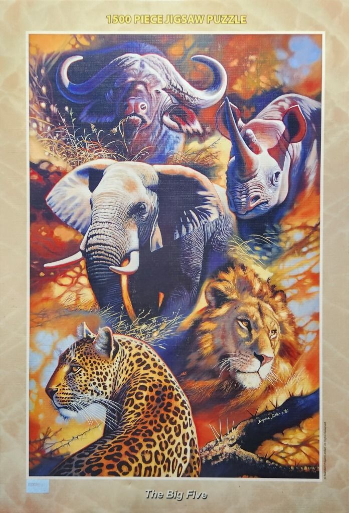 An artistic painting of the African Big Five animals: leopard, lion, elephant, rhinoceros, and buffalo.