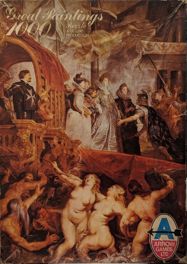 A reproduction of a classical baroque painting featuring Marie de' Medici arriving in a royal ship.
