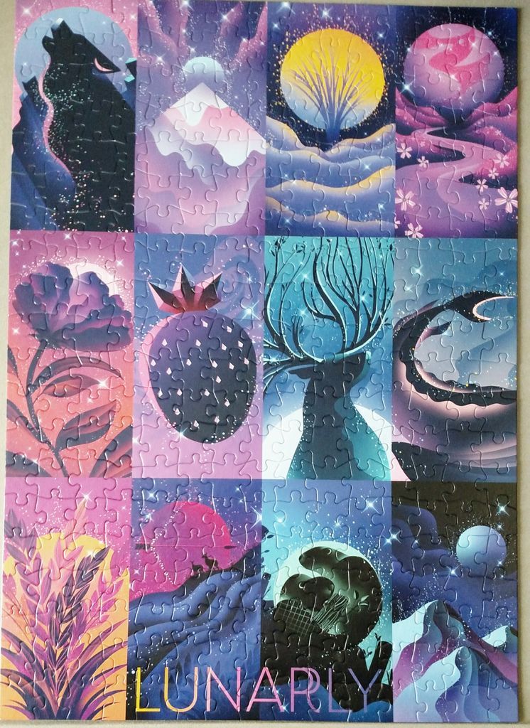 A grid of 12 magical, moon-themed illustrations featuring celestial wildlife, flora, and landscapes.