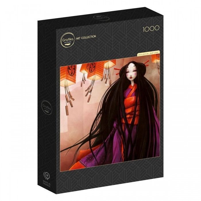Stylized illustration of a Japanese-inspired woman with long black hair standing beneath orange paper lanterns.