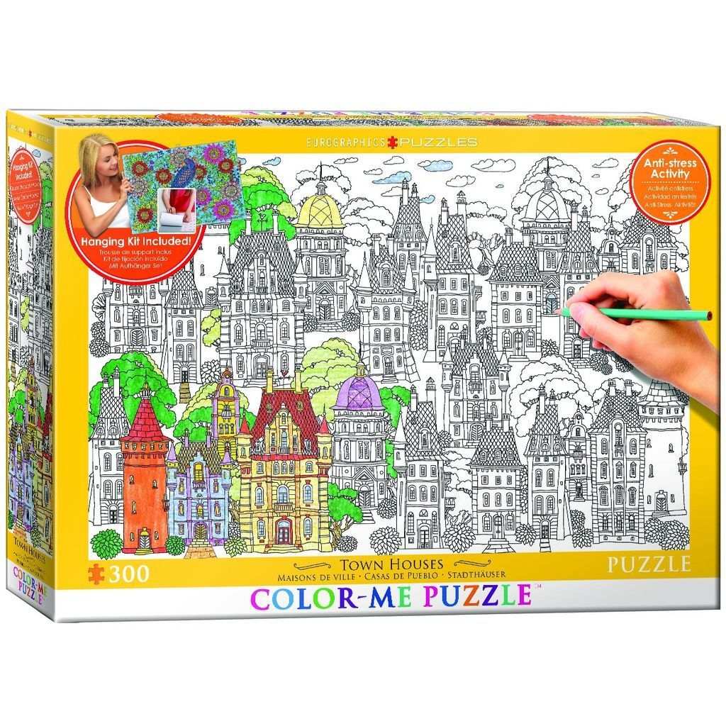 Coloring page style line art of a European town with several houses partially colored in bright hues.