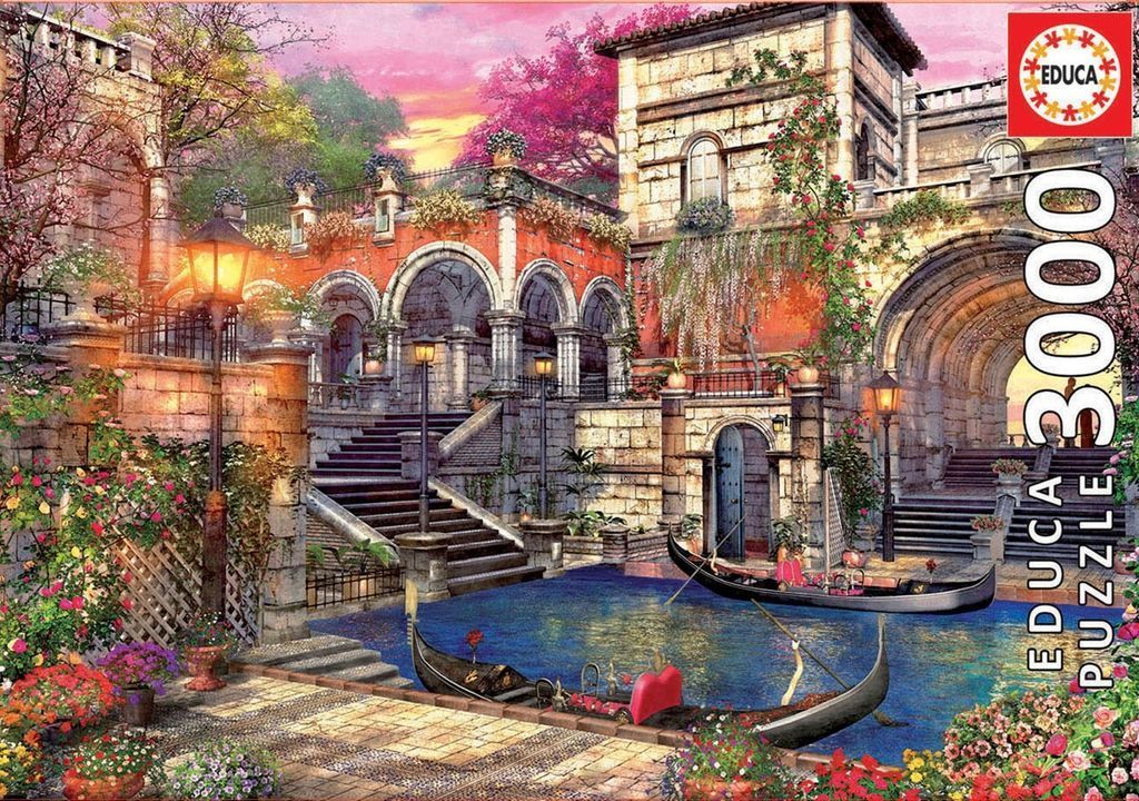 A romantic Venetian-style courtyard with a canal, two gondolas, and ornate stone architecture at sunset.