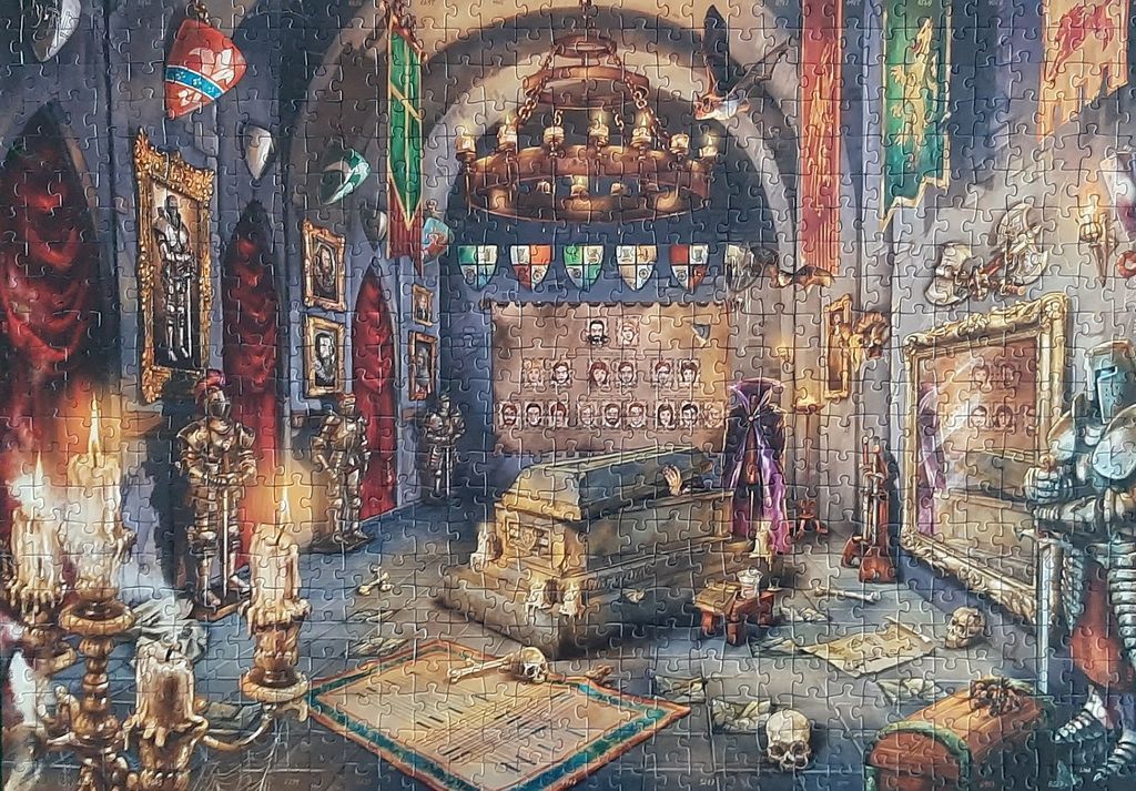 Gothic chamber with knights, coffin, scrolls, skulls, and ornate chandelier.