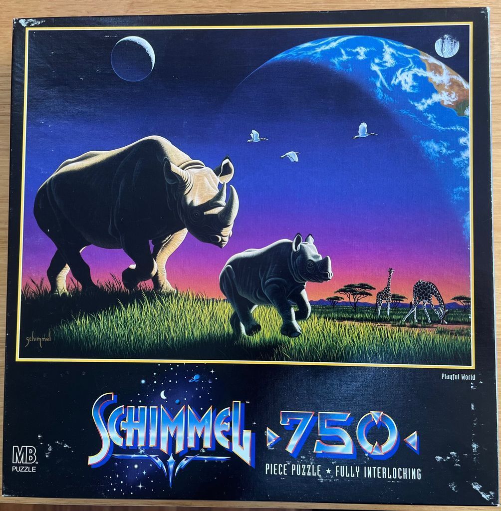 A surreal illustration of a rhinoceros and calf in an African savanna under a space-themed sky with Earth and moons.