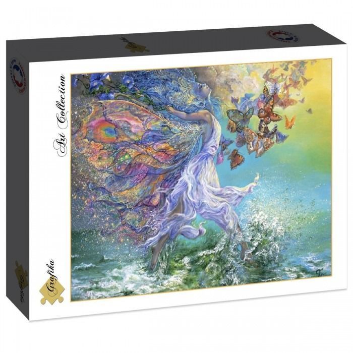 An ethereal fairy with iridescent wings and flowing hair dancing above ocean waves, surrounded by a swarm of butterflies.