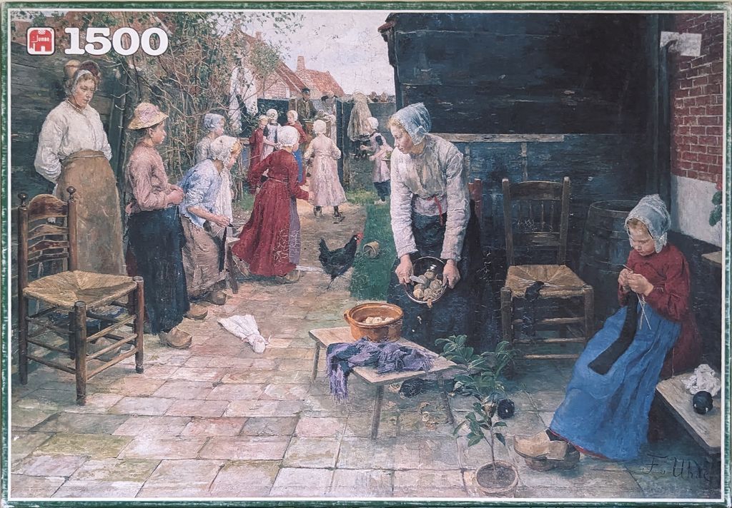 A detailed oil painting of women and children in traditional Dutch attire working in a stone-paved garden courtyard.