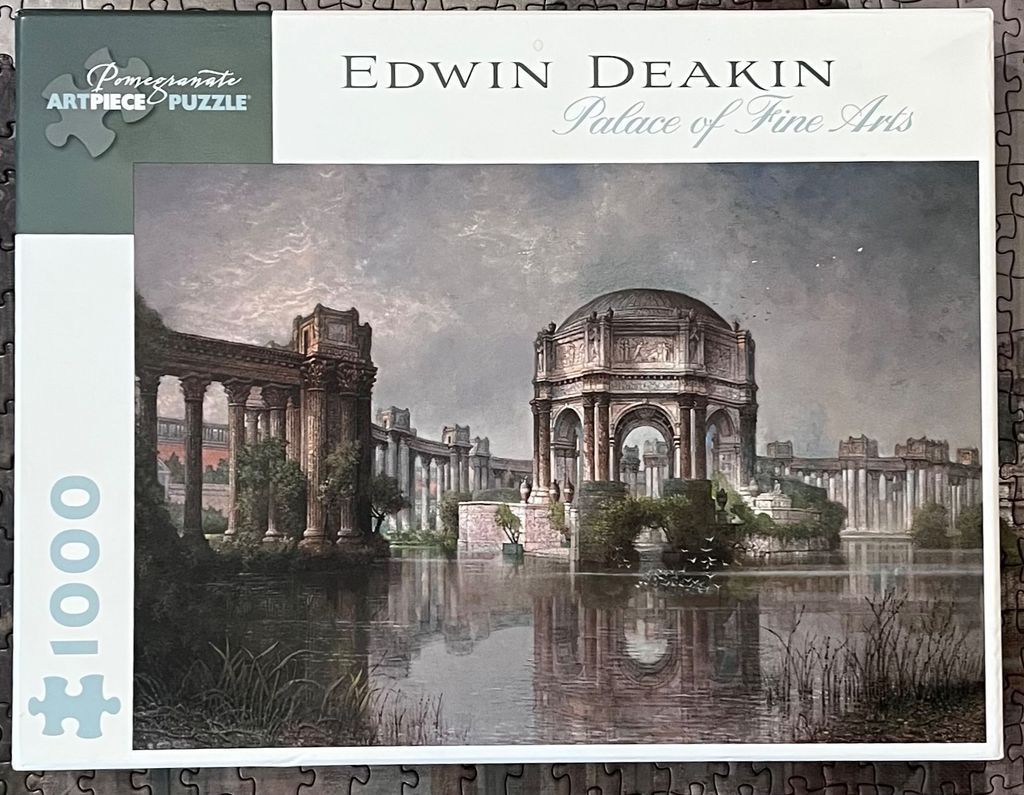 Oil painting of the Palace of Fine Arts with a domed rotunda reflecting in a calm lagoon under a cloudy sky.
