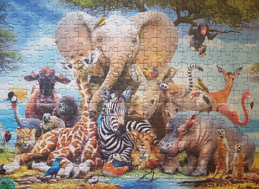 A whimsical collection of diverse African savanna animals gathered together in a vibrant illustration.
