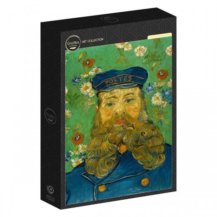 Post-impressionist oil painting portrait of Joseph Roulin, a postman with a large beard, against a floral background.