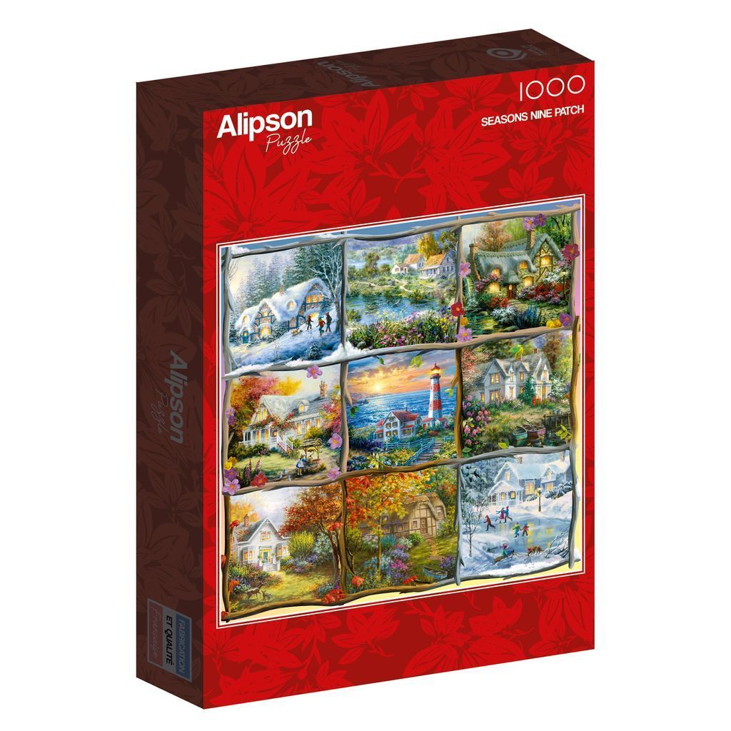 A nine-panel collage of pastoral scenes depicting various seasons and homes framed by rustic tree branches.