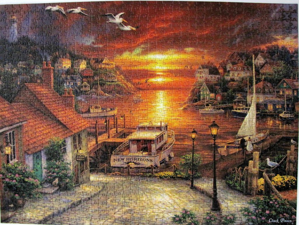 A romantic sunset view of a coastal village harbor with a boat named New Horizons, painted in a warm, nostalgic style.