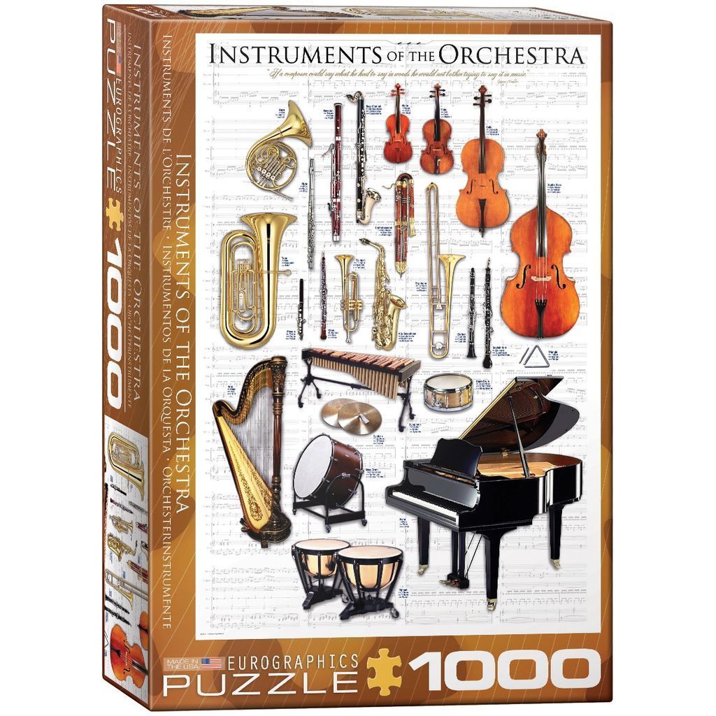 A collection of various orchestral instruments arranged over a background of musical sheet music.