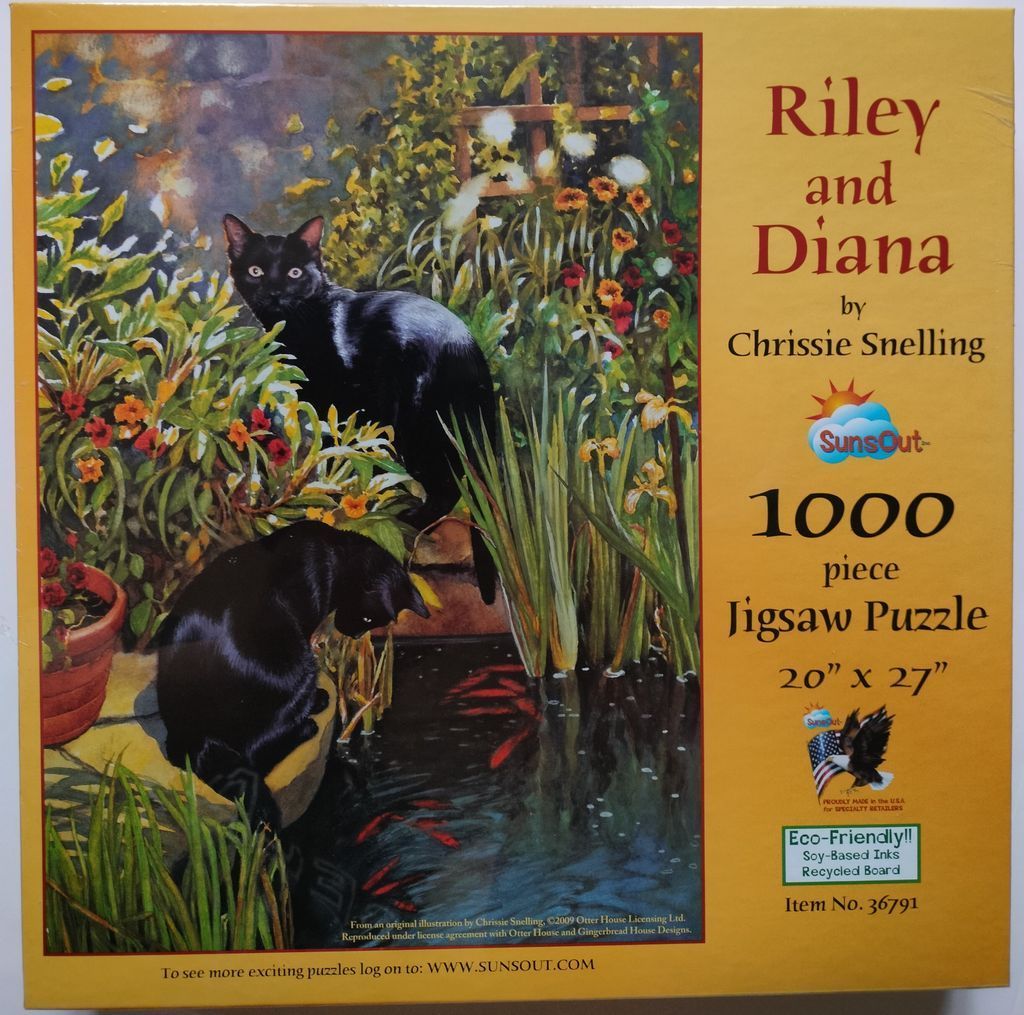 Two black cats in a lush, sunlit garden beside a koi pond.