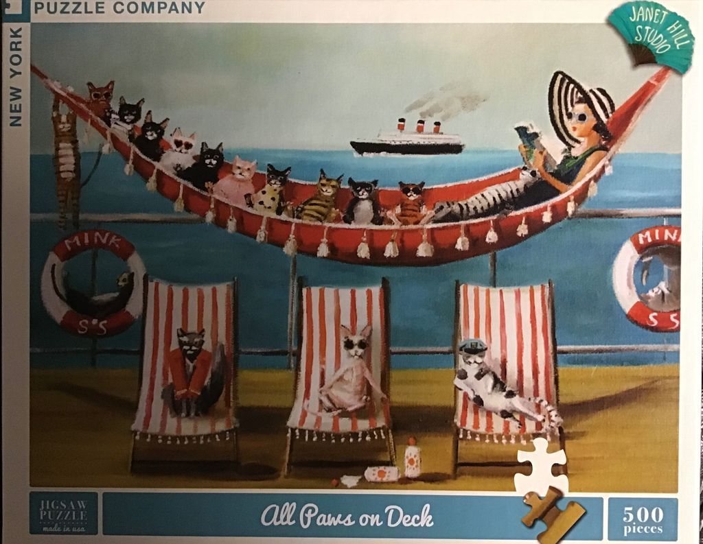 An illustration of several cats relaxing on a cruise ship deck with a woman in a hammock.