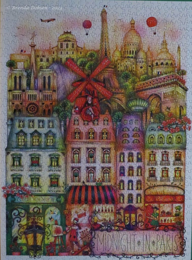 Whimsical illustration of Parisian landmarks and city buildings at sunset