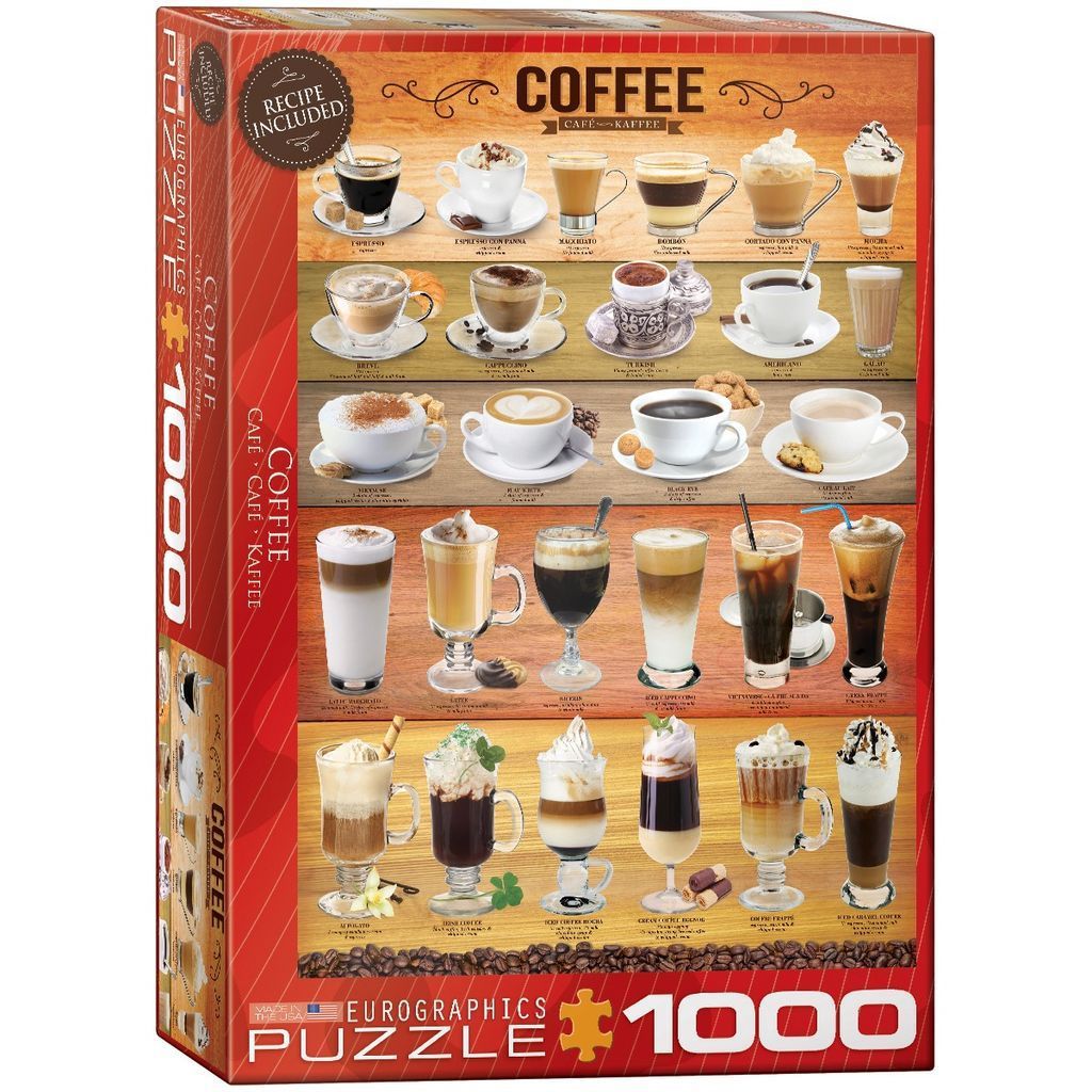 A collection of 25 different coffee drinks arranged in a grid against a rustic wood-grain background.