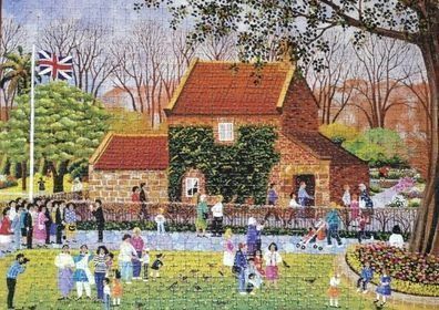 A quaint brick house with an ivy-covered facade and a British flag, surrounded by a lively park scene.