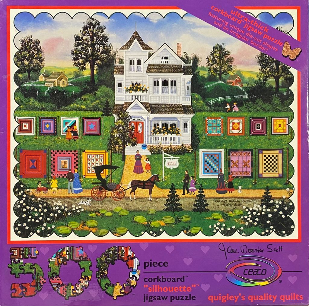 A whimsical folk art painting of a Victorian house surrounded by hanging quilts and people in a grassy landscape.