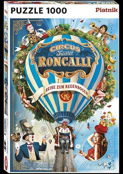 A whimsical illustration of a hot air balloon carrying performers from the Circus Theater Roncalli.