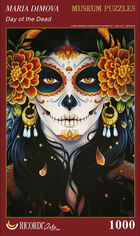 A digital illustration of a woman with Day of the Dead style skull face paint, adorned with orange marigold flowers.
