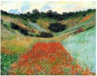 An impressionist painting of a vibrant field of red poppies leading toward a rolling green hillside.