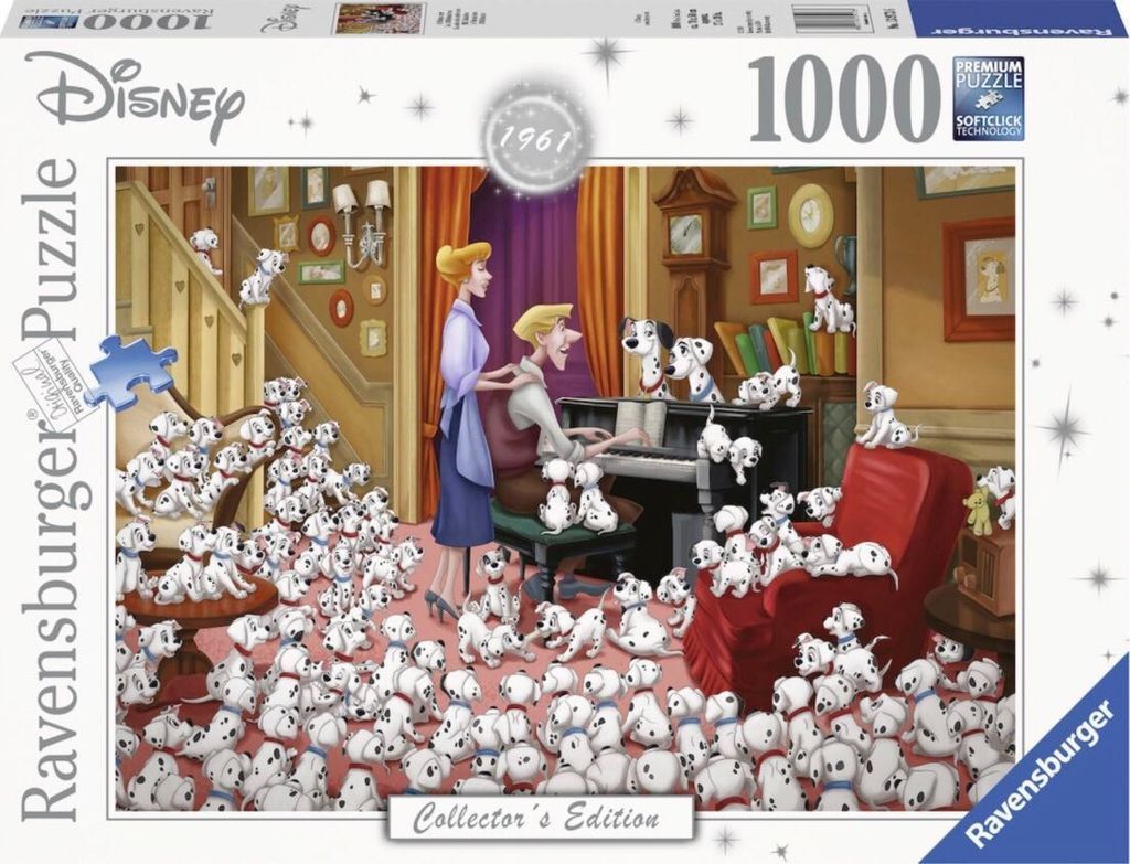 Illustration of Roger and Anita playing piano surrounded by dozens of dalmatian puppies.
