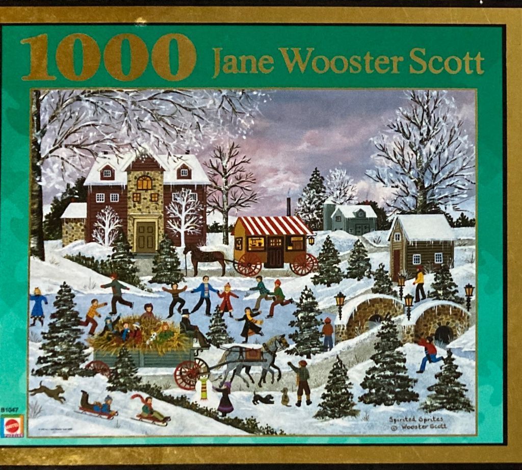 Folk art painting of a snowy village scene with children ice skating, sledding, and playing in a horse-drawn wagon.