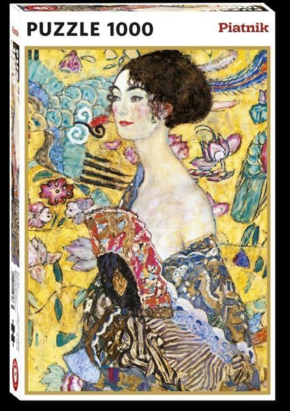Gustav Klimt's Lady with a Fan, featuring a woman in profile against a golden, patterned background.