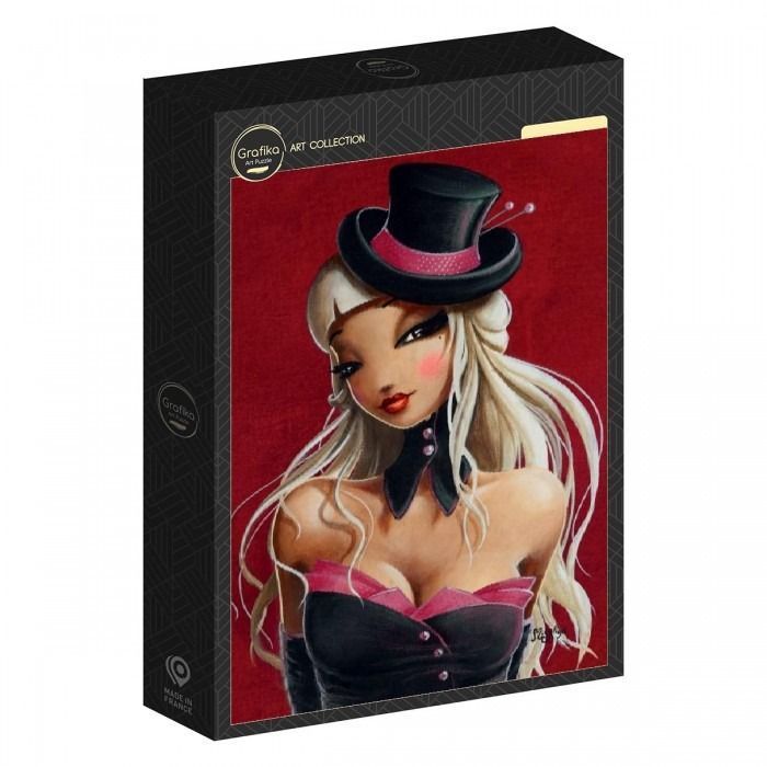 Digital art portrait of a blonde woman wearing a black top hat with pink accents against a red background.