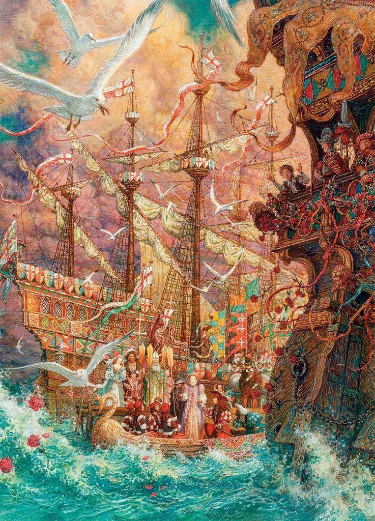 Elaborate illustration of a grand Elizabethan ship with a queen in a small boat and seagulls against a dramatic sky.