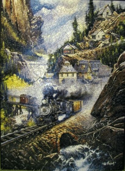 A steam locomotive travels through a mountain pass near a small, rustic village in this artistic painting.