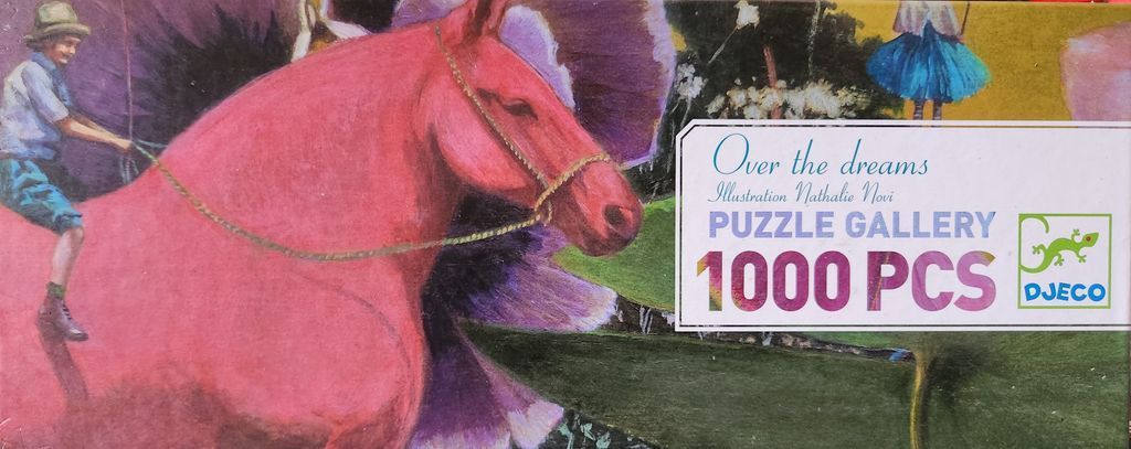 A whimsical illustration of a person riding a giant pink horse through a surreal, colourful landscape.