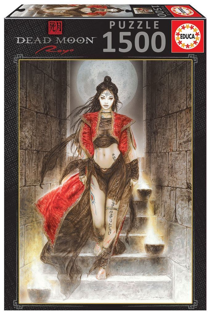 Fantasy illustration of a woman in red and brown robes descending stone steps before a full moon.