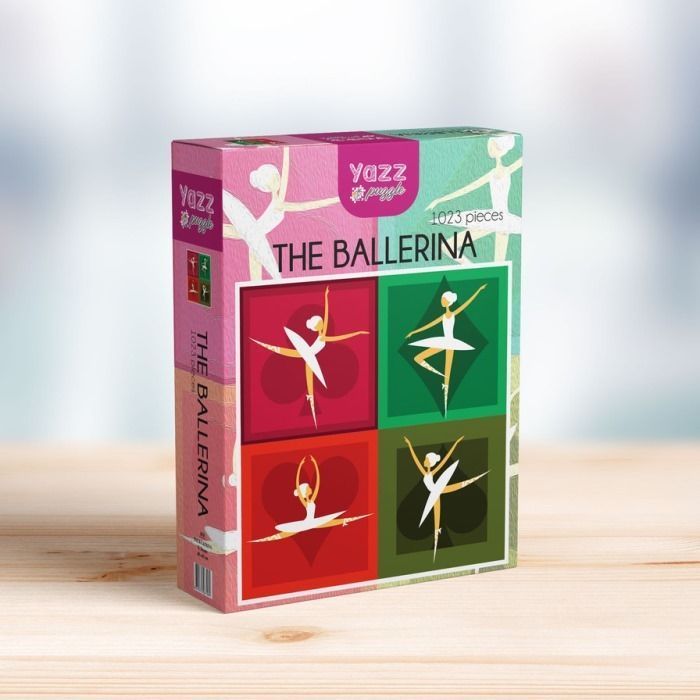 Four minimalist illustrations of ballerinas dancing against card suit backgrounds.
