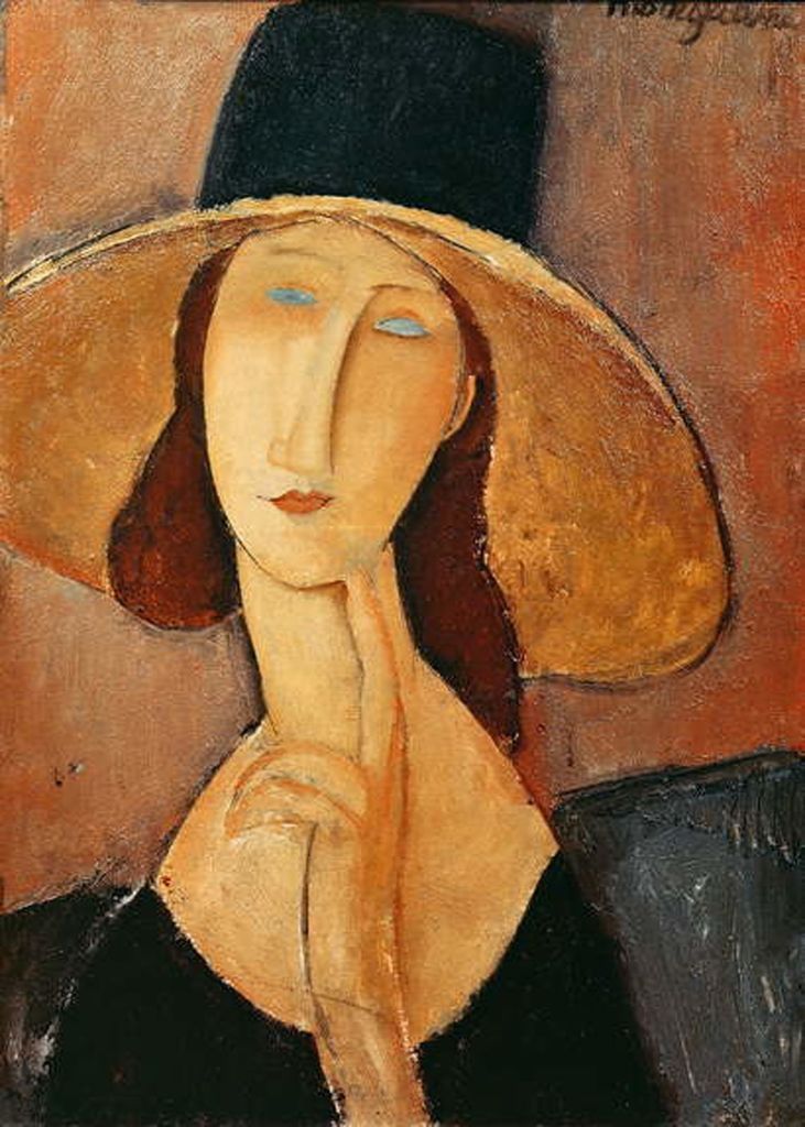 A portrait painting of a woman with an elongated face wearing a wide-brimmed black hat.