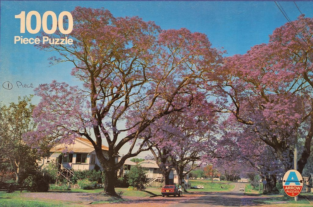 A residential street lined with blooming purple jacaranda trees and classic cottages.
