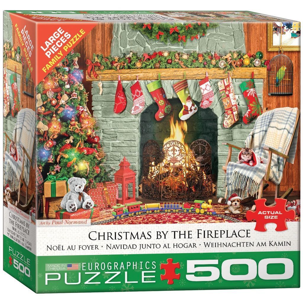 A cozy Christmas scene featuring a fireplace, a decorated tree, gifts, and a cat on a rocking chair.