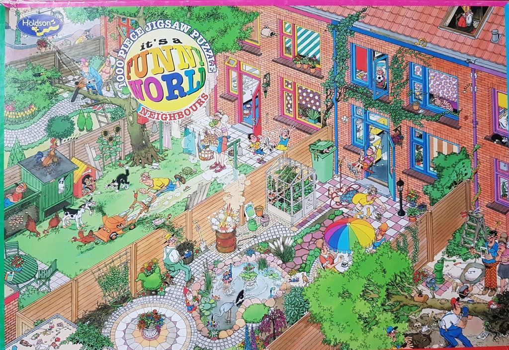 A busy cartoon illustration showing neighbours in their backyards, featuring houses, gardens, a pond, and many characters.