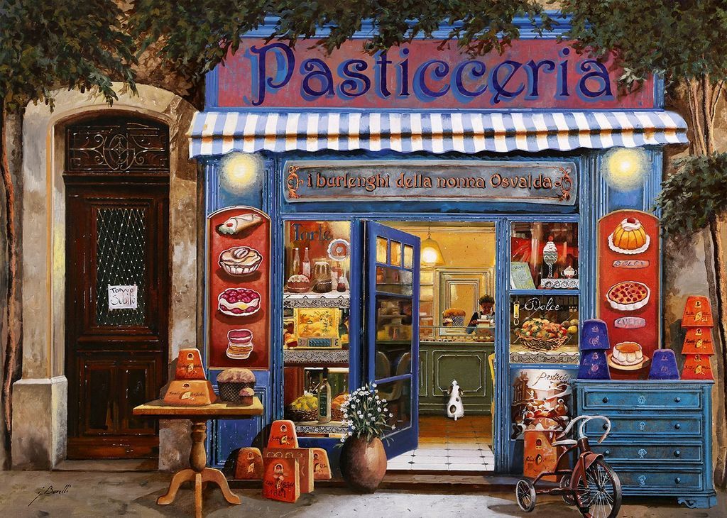A charming street-level view of a quaint Italian pastry shop with blue storefront and window displays of baked goods.