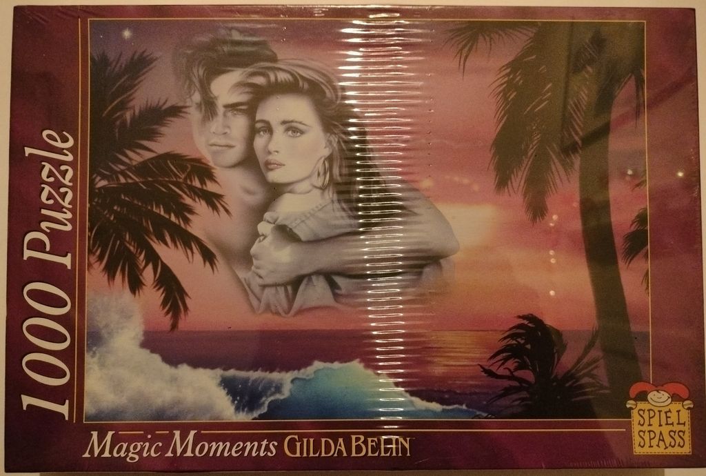 A romantic illustration of a couple embracing on a beach at sunset with silhouetted palm trees.
