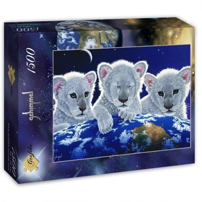 Three white lion cubs resting on top of planet Earth against a starry night sky.
