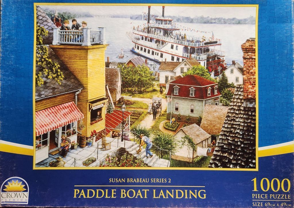 A nostalgic painting of a river town with a paddle-wheel steamboat docked in the background.